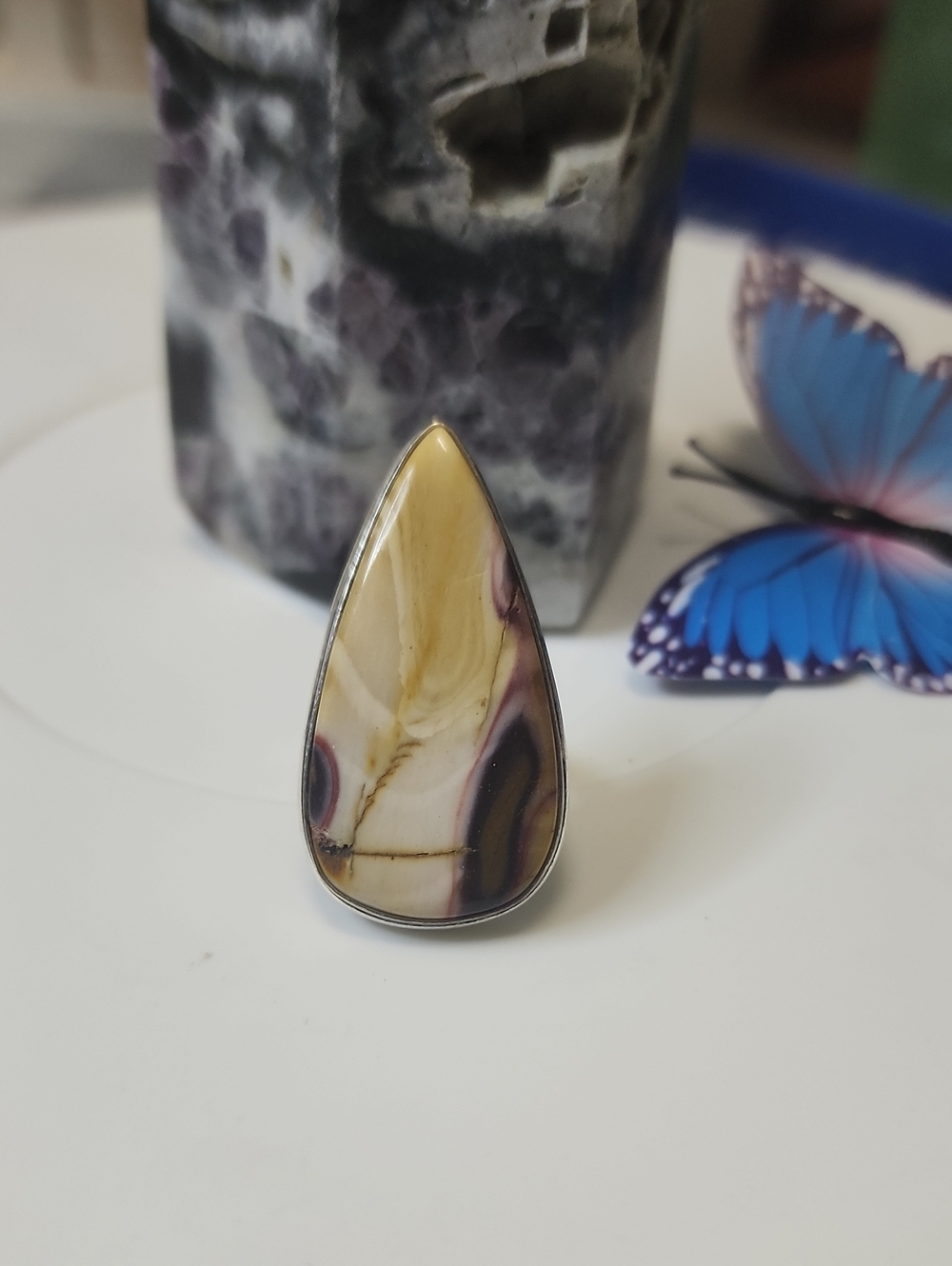 Handmade Teardrop Cream and Purple Stone Ring - Women Jewelry